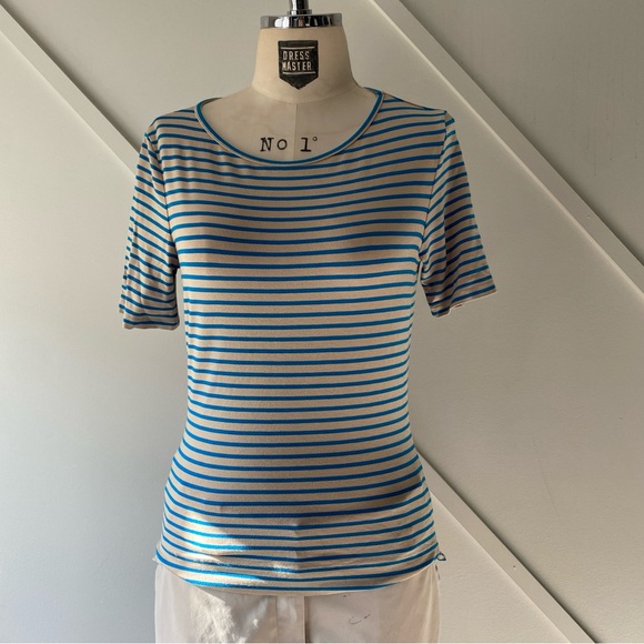 Max Mara Tan and BlueStripe Short Sleeve Shirt - M (fits small) - Picture 13 of 14